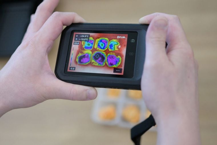 a flir c8 thermal imaging camera pointed at a pack of frozen microwave dumplings
