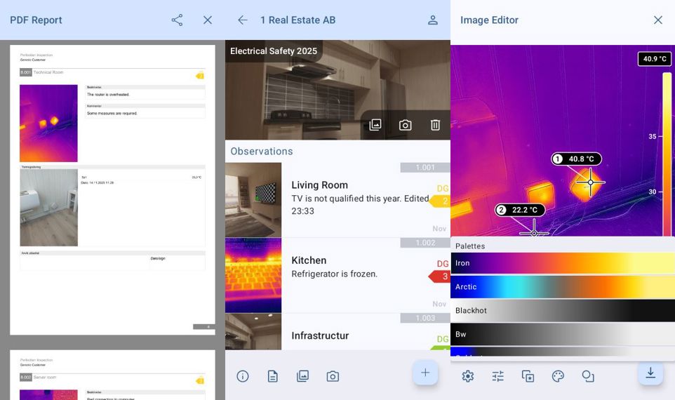 screenshots from thermidoc app showing ability to generate reports, view assets, and edit images