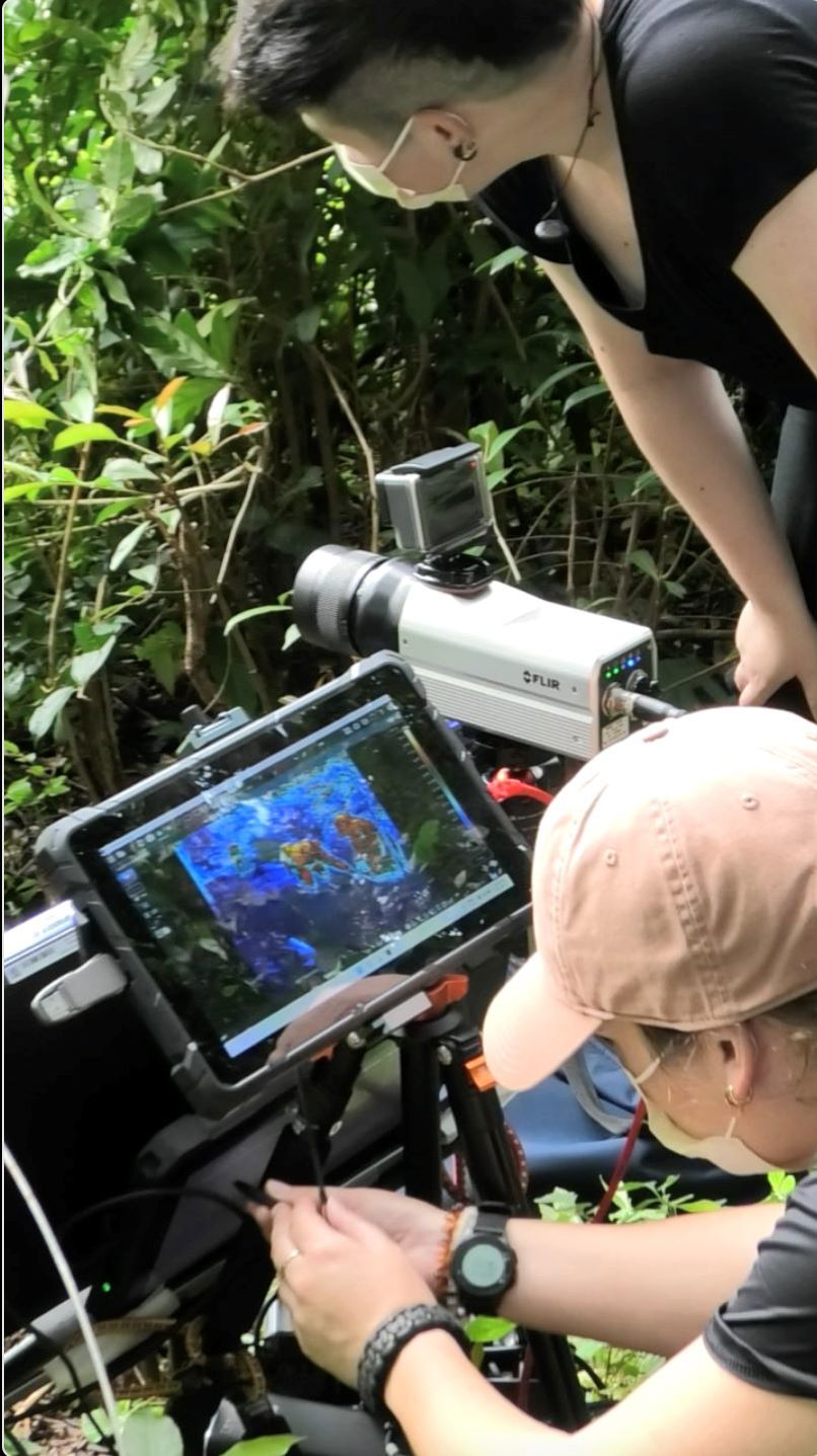 researchers in the jungle pointing thermal cameras at chimpanzees